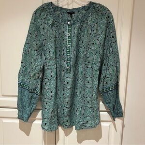 Talbots Blouse Size Large Stained Glass Medallion Band Collar Popover Top NWOT